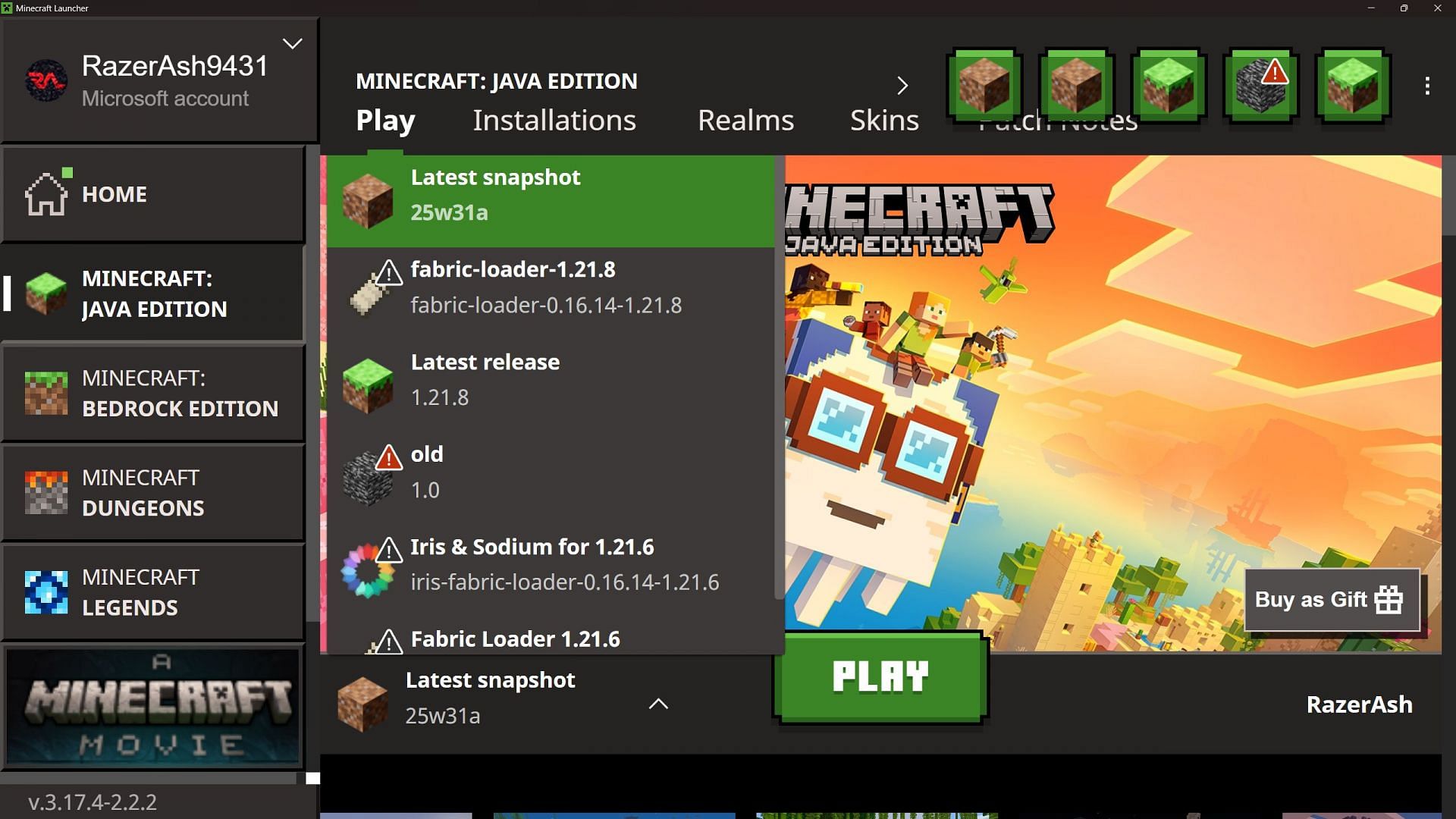 Download the latest snapshot 25w31a from the launcher (Image via Sportskeeda Gaming || Mojang Studios)